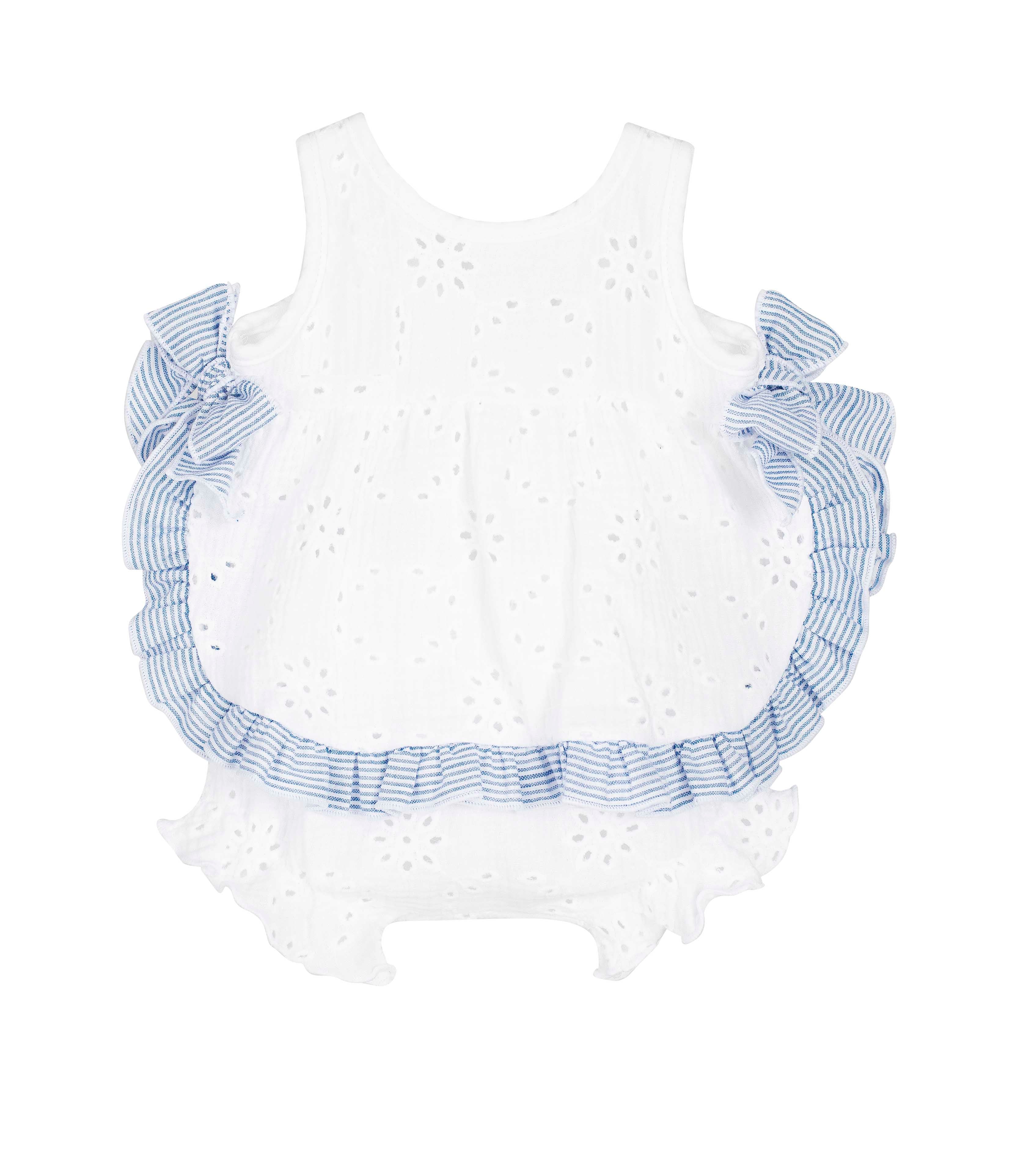 CALAMARO KERALA 22114 BRODERIE ANGLAISE DRESS & BLOOMERS WHITE/BLUE
