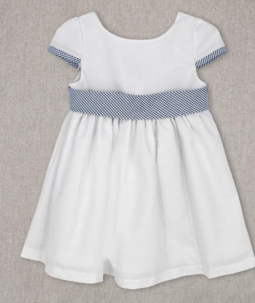 RAPIFE GIRLS WHITE DRESS WITH NAVY GINGHAM BOW DETAIL 5115C26